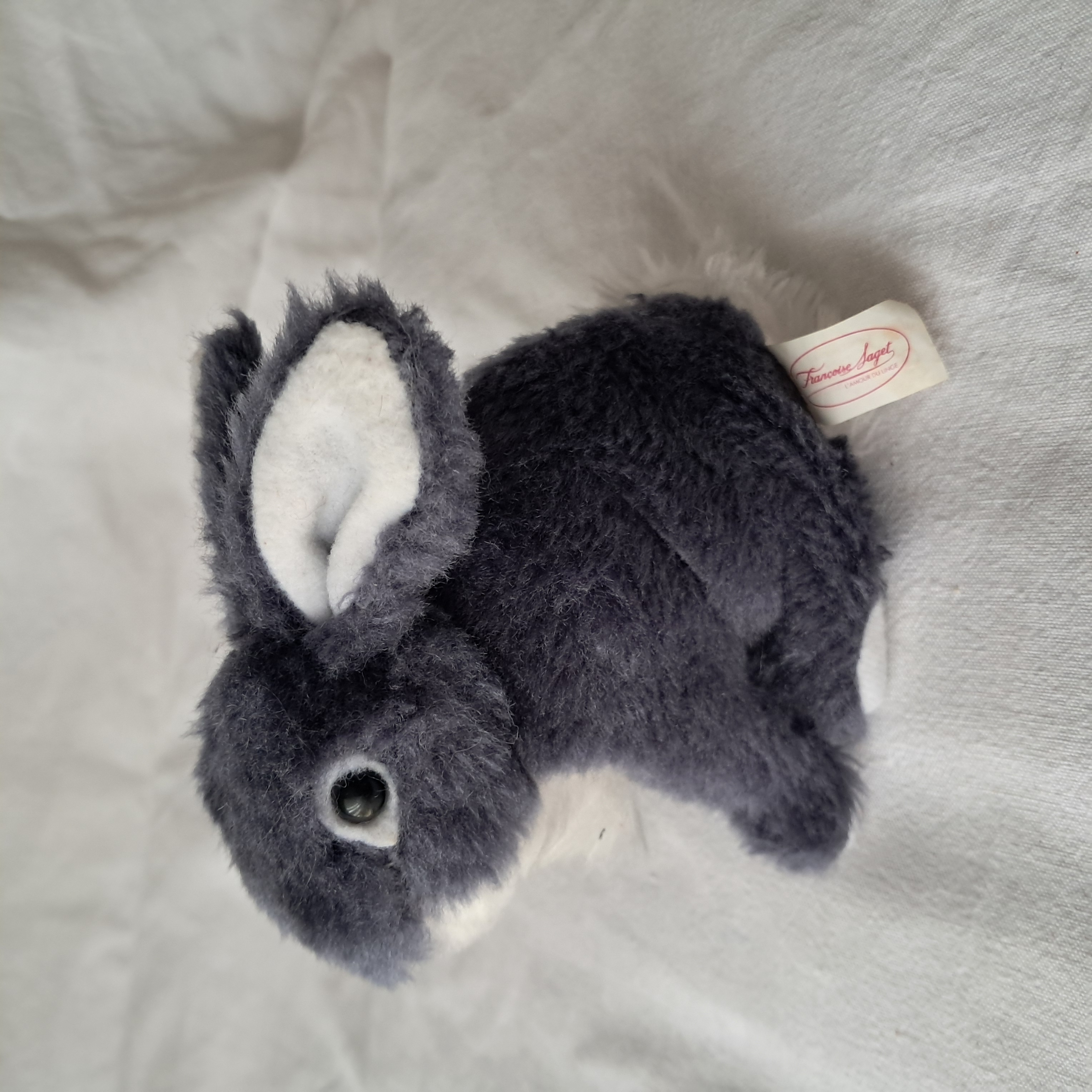 Doudou peluche lapin bleu gris Francoise Saget Hauteur 11 cm vintage 90's
