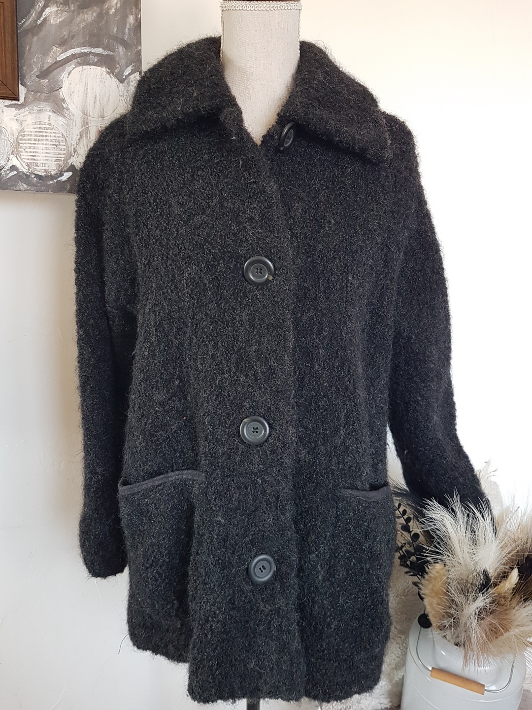Manteau gris foncé doublé, Unanyme de Georges Rech, T40, aisselles 57cm, haut 73cm, laine + mohair