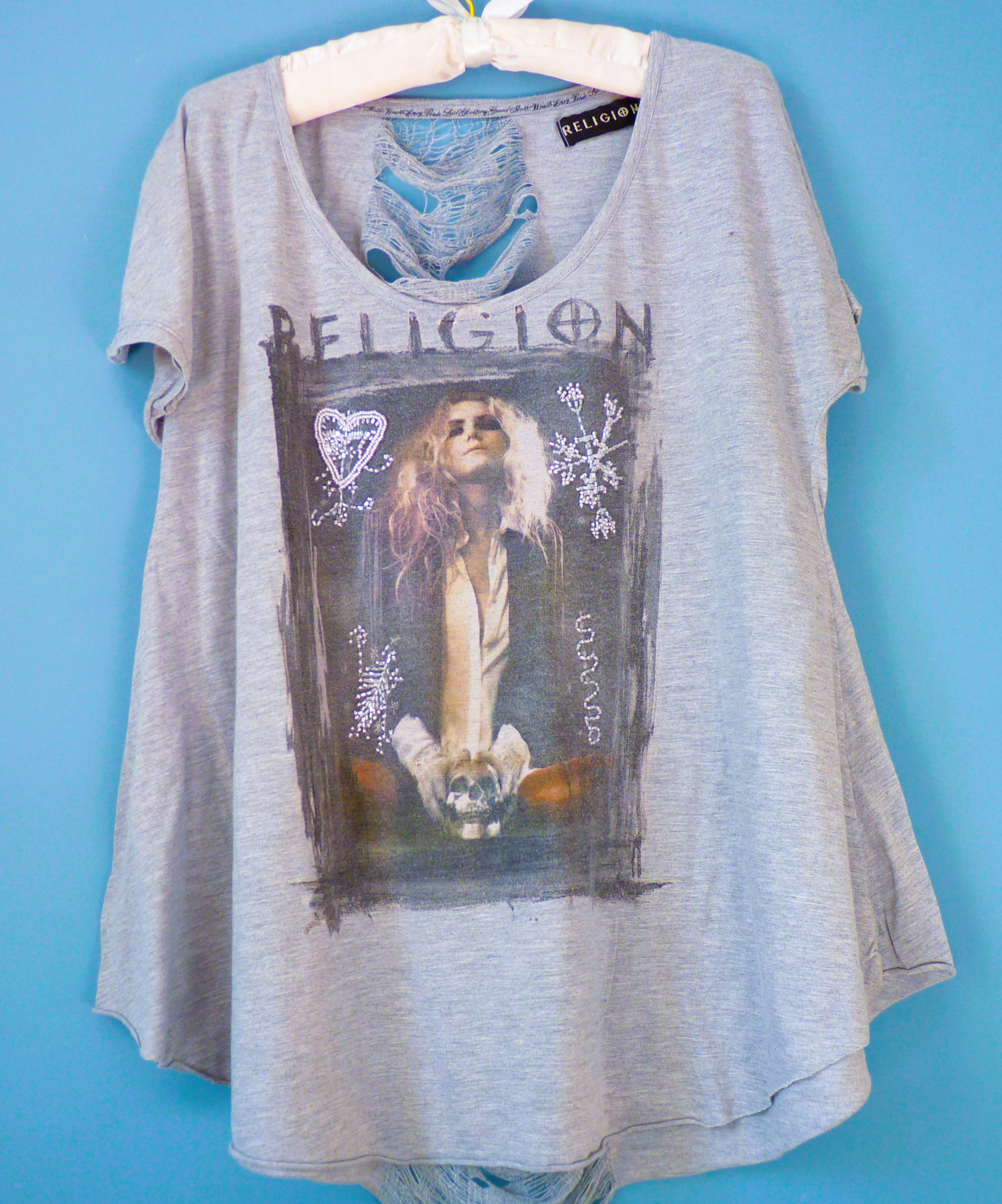 T-shirt Femme Religion S 36 Gris TBE style Rock manches courtes
