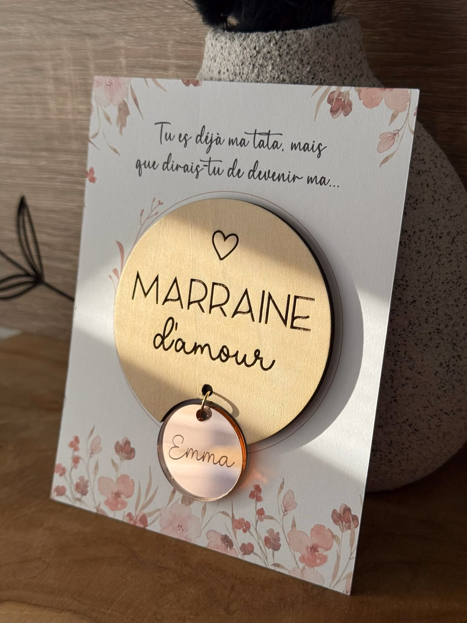 Magnet en bois avec pendentif personnalisé - Demande surprise Parrain Marraine - Annonce grossesse