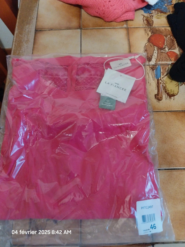 Tee shirt coton bio dentelle CEBANE - taille 46 - couleur framboise - La Fiancée - photo numéro 9