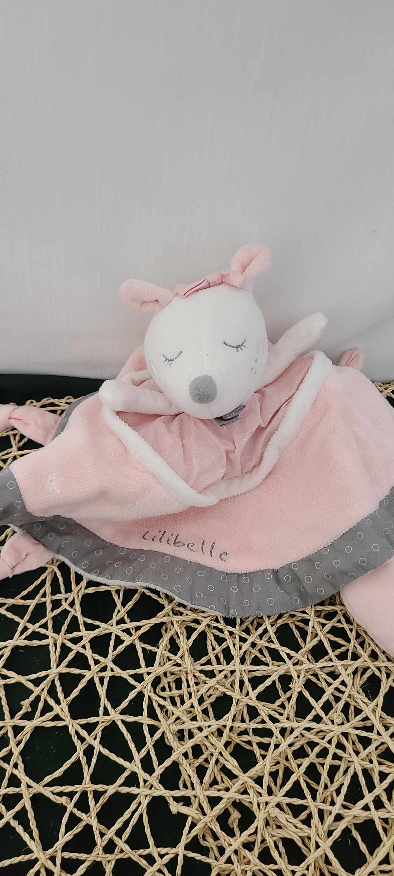 Doudou plat Souris Lilibelle cœur « little amour » rose et gris SAUTHON